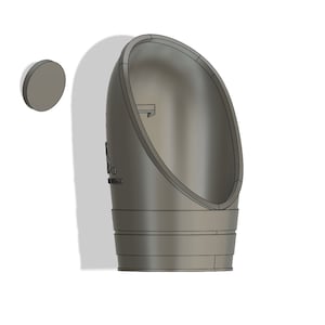 May include: A gray, 3D-printed object with a curved, open-top design. The object has a cylindrical base and a small, circular piece to the left. The object appears to be a part of a larger design.