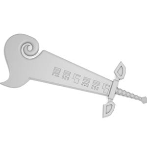 May include: A white, stylized sword with a curved handle and a decorative design on the blade. The sword has a series of symbols on the blade.