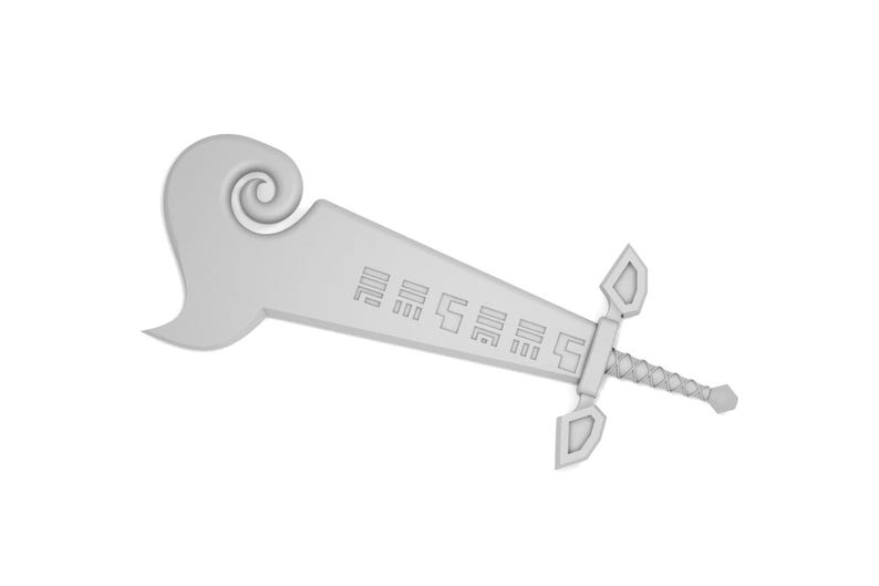 May include: A white, stylized sword with a curved handle and a decorative design on the blade. The sword has a series of symbols on the blade.
