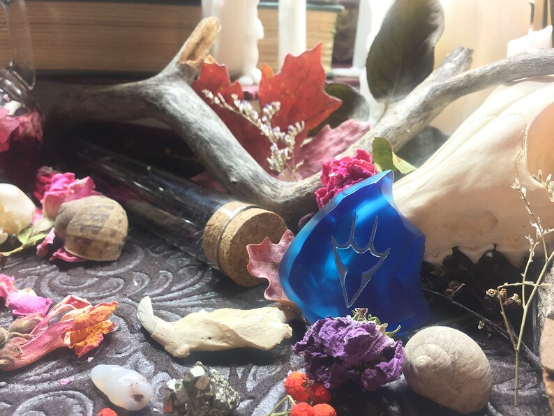 May include: A blue glass pendant with a white design, surrounded by dried flowers, a glass vial, and a skull. The pendant is on a dark brown surface.