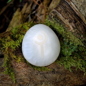May include: White oval-shaped stone with a carved symbol on it. The stone is resting on a mossy log.