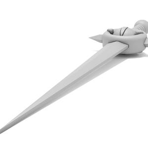 May include: A white, stylized dagger with a pointed tip and a decorative handle with a circular design and four spikes.