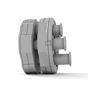 May include: A gray plastic mold with a circular base and a series of cylindrical protrusions. The mold has a textured surface and a number "25" printed on the side.