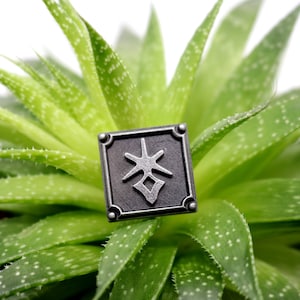 May include: A square, silver-toned metal pendant with a stylized symbol, set against a backdrop of a green aloe vera plant. The pendant has a dark gray center and decorative corner details.