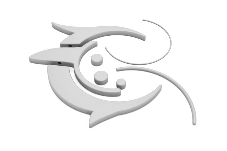 May include: A collection of white, abstract, 3D-rendered shapes. The design includes curved lines, rounded shapes, and elements resembling stylized fish or arrows. The pieces are arranged in a seemingly random, yet cohesive, composition.