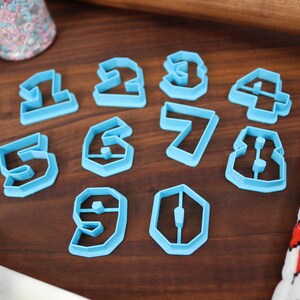 May include: A set of ten blue plastic cookie cutters shaped like the numbers 1 through 10. The cutters are on a wooden surface.