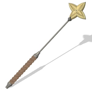May include: A gold star-shaped weapon with a brown wrapped handle. The weapon is on a white background.