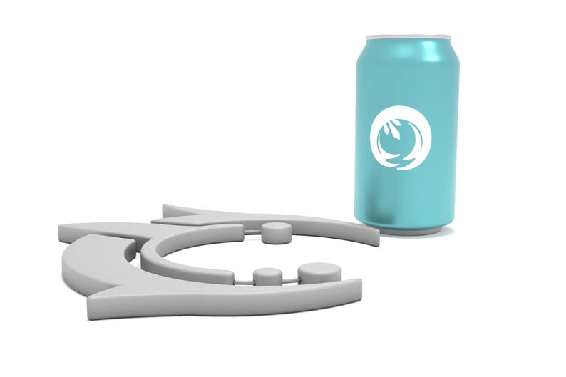 May include: A light blue aluminum can with a white logo and a gray, abstract arrow-shaped object. The can is cylindrical and stands upright. The arrow-shaped object is made of gray plastic.