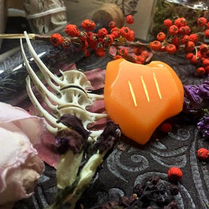 May include: Orange resin dice with three lines carved into the surface. The dice is surrounded by dried flowers, a glass vial with dried herbs, and a bone-like object.