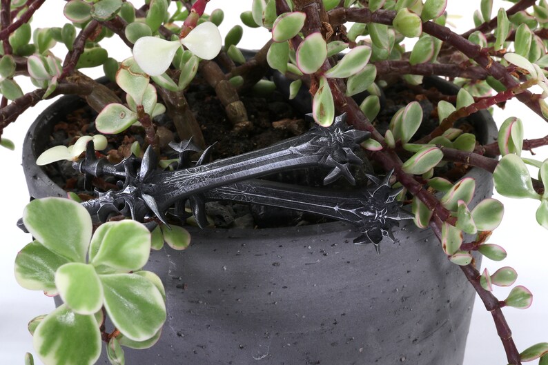May include: Two black plastic swords with intricate designs, lying on top of a gray pot with a green succulent plant.