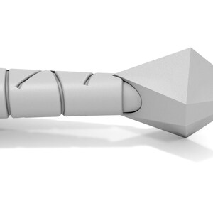 May include: A white, diamond-shaped weapon with a textured, segmented handle.