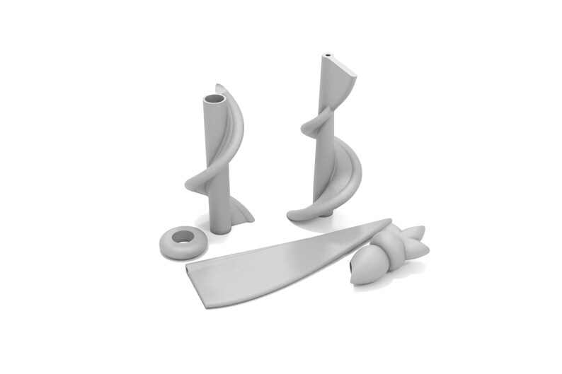K&ouml;nnte beinhalten: Ein Set aus f&uuml;nf wei&szlig;en Kunststoffteilen, darunter zwei spiralf&ouml;rmige Teile, ein flaches Teil, ein Ring und ein kleines Teil mit abgerundetem Ende.