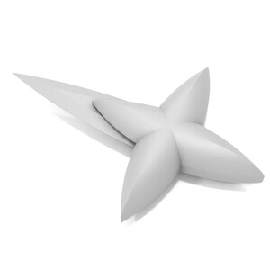 May include: A white, five-pointed star-shaped object with a long, thin blade extending from one point.