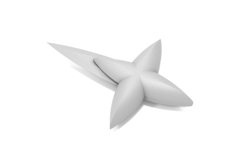 May include: A white, five-pointed star-shaped object with a long, thin blade extending from one point.