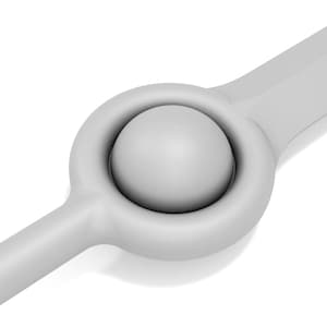 May include: A close-up of a white, round ball joint with a smooth, rounded surface. The ball joint is attached to two white, cylindrical rods.