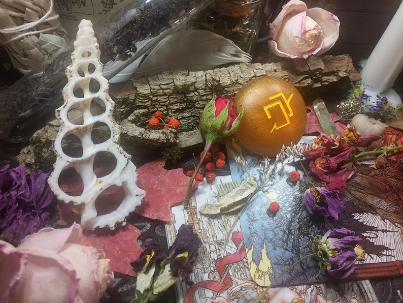 Puede incluir: Una concha blanca con un dise&ntilde;o en espiral, una esfera dorada con un s&iacute;mbolo amarillo, un ramo de rosas rojas y flores secas sobre una superficie de madera.