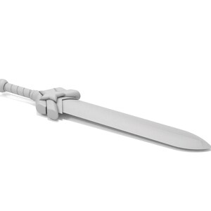 May include: A light gray sword with a star-shaped handguard and a rounded pommel. The blade is long and straight, and the handle is ribbed. The sword is set against a white background.