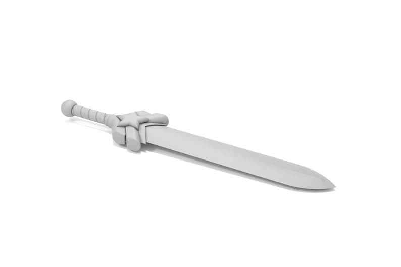 May include: A light gray sword with a star-shaped handguard and a rounded pommel. The blade is long and straight, and the handle is ribbed. The sword is set against a white background.