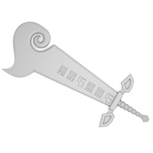 May include: A white plastic sword with a curved handle and a detailed design on the blade. The sword has a triangular guard and a pointed tip.
