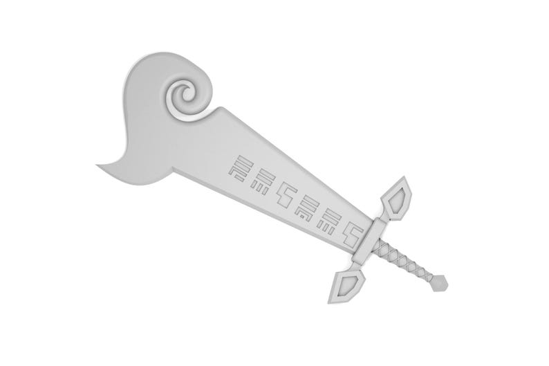 May include: A white plastic sword with a curved handle and a detailed design on the blade. The sword has a triangular guard and a pointed tip.