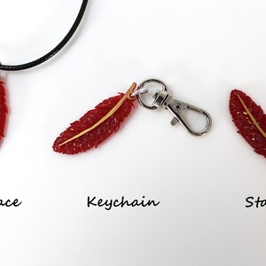 May include: Three red feather charms with gold accents. The feather charms are shown in three different styles: necklace, keychain, and standard.