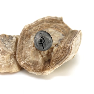 May include: A small, round, black stone with a symbol carved into it. The stone is resting on a piece of light brown rock.