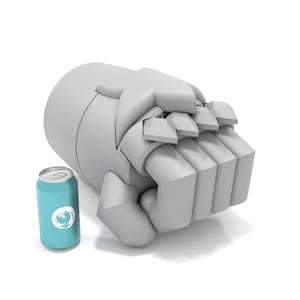 May include: A gray, 3D printed, robotic hand with a textured surface. The hand is closed into a fist. A blue and white can is sitting next to the hand.