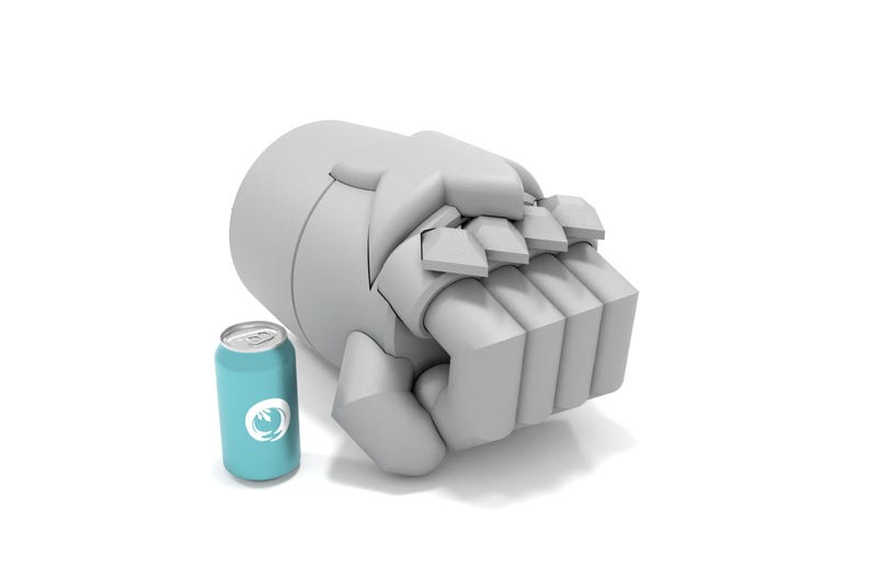 May include: A gray, 3D printed, robotic hand with a textured surface. The hand is closed into a fist. A blue and white can is sitting next to the hand.