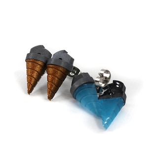 May include: A pair of ice cream cone earrings and a pendant. The earrings feature brown cones with gray tops. The pendant has a blue cone with a black top and silver hardware. The jewelry is set against a white background.