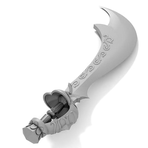 May include: A silver-colored, ornate sword with a curved blade and a detailed handle. The blade has intricate designs and the handle is shaped like a heart.