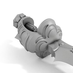 May include: A detailed, gray, 3D model of a sword with an ornate, intricate hilt. The hilt is shaped like a crown with a pointed tip and a decorative design.