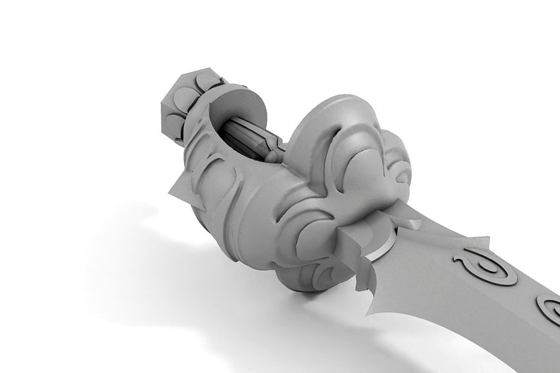 May include: A detailed, gray, 3D model of a sword with an ornate, intricate hilt. The hilt is shaped like a crown with a pointed tip and a decorative design.