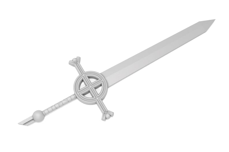 May include: A silver sword with a circular cross design on the hilt.