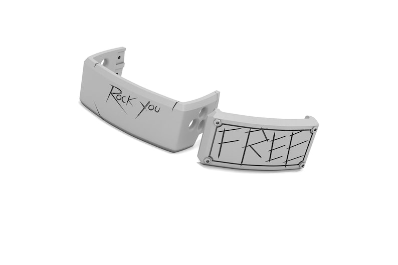 May include: Two-piece, light gray, curved metal object with the words "Rock You" and "FREE" in black, handwritten-style lettering. The object has a modern, industrial design with visible screw heads and a minimalist aesthetic.
