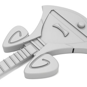 May include: A white, futuristic-looking electric guitar with a unique body shape and a silver fretboard.