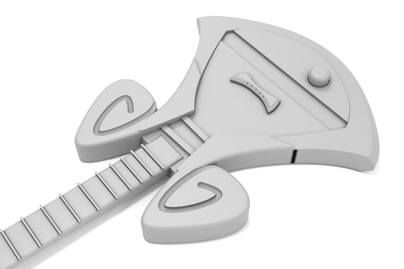 May include: A white, futuristic-looking electric guitar with a unique body shape and a silver fretboard.
