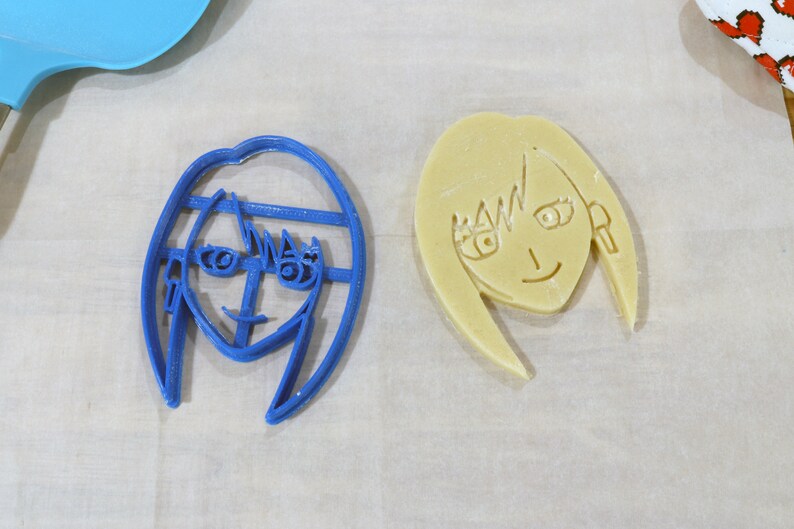 May include: Two cookie cutters, one blue and one yellow, shaped like a person's face with hair. The blue cutter has a more detailed design with eyes, a nose, and a mouth.