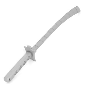 May include: A silver-colored katana sword with a black handle and a decorative guard. The sword is sharp and has a curved blade.