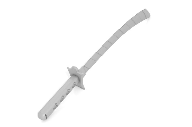 May include: A silver-colored katana sword with a black handle and a decorative guard. The sword is sharp and has a curved blade.