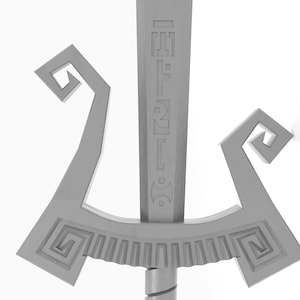 May include: A silver sword with a decorative hilt featuring a spiral design and a series of ridges. The blade is engraved with a pattern of symbols.