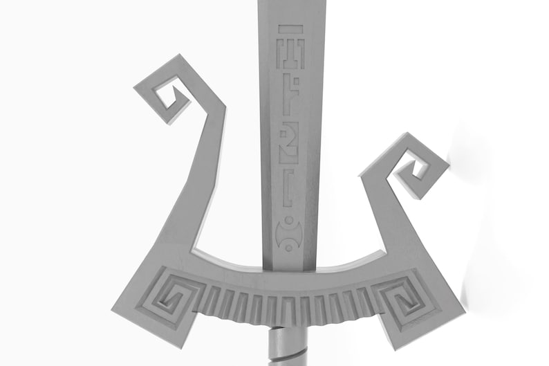 May include: A silver sword with a decorative hilt featuring a spiral design and a series of ridges. The blade is engraved with a pattern of symbols.