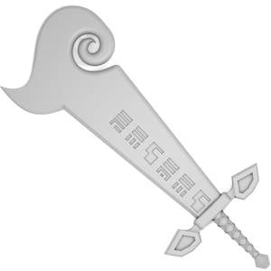 May include: A white, stylized sword with a curved blade and a detailed hilt. The blade has a repeating pattern of lines and the hilt has a decorative design.