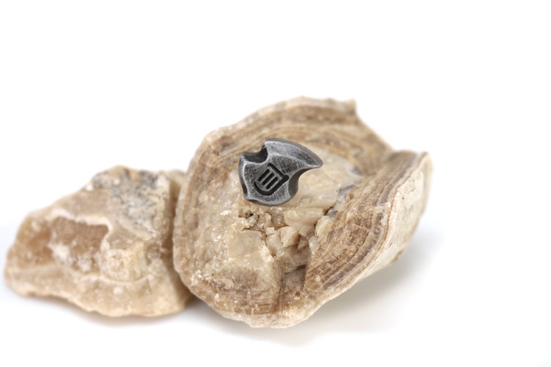 May include: A small, silver-colored metal pin with a shield-like design and a stylized emblem. The pin is displayed on a light-colored, textured stone against a white background. The pin's design features a series of vertical lines within a curved shape.