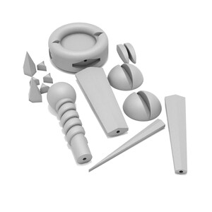 May include: A set of gray plastic pieces for a 3D puzzle. The pieces include a ring, a sphere, a cone, and several smaller pieces.