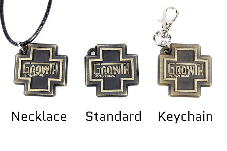 May include: Three variations of a gold-colored metal cross pendant with the word "GROWTH" in black lettering. The cross is available as a necklace, keychain, and standard pendant.