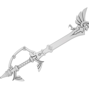 K&ouml;nnte beinhalten: Ein silberfarbenes Schwert mit einem gebogenen Griff und einem Fl&uuml;geldesign. Die Klinge ist gerade und hat ein dreieckiges Design an der Spitze.