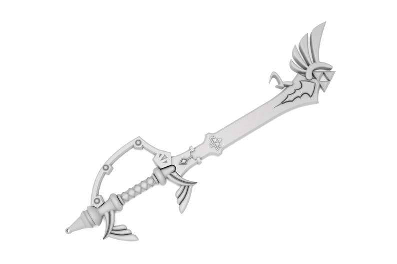 K&ouml;nnte beinhalten: Ein silberfarbenes Schwert mit einem gebogenen Griff und einem Fl&uuml;geldesign. Die Klinge ist gerade und hat ein dreieckiges Design an der Spitze.