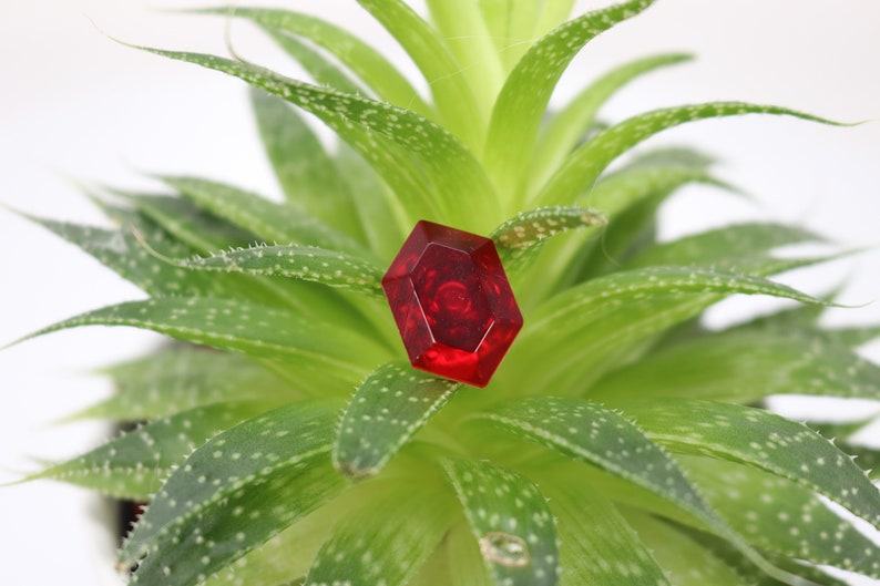 May include: A red, hexagonal, glass gem sits on top of a green succulent plant.