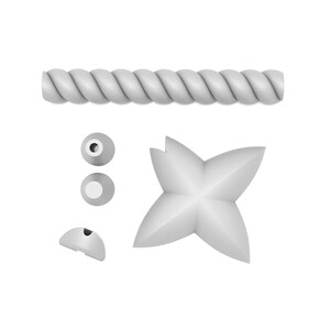 May include: A set of white rope trim with a star-shaped finial and two round finials.