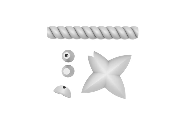 May include: A set of white rope trim with a star-shaped finial and two round finials.